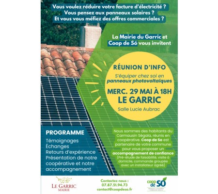 Réunion d'information Coop de Só x Le Garric : s'équiper chez soi en panneaux photovoltaïques !