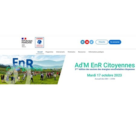 Le site AD'M EnR de l'ADEME pour la promotion des Assises nationales des ENR citoyennes à Lyon le 17 octobre 2023