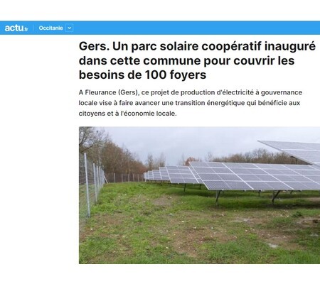 Actu.fr :  Le parc solaire coopératif de Rouzas inauguré à Fleurance (32)