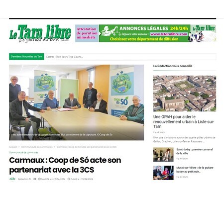 Le Tarn Libre : lsignature officielle de la convention entre Coop de Só et  la Communauté de communes du Carmausin-Ségala (3CS).