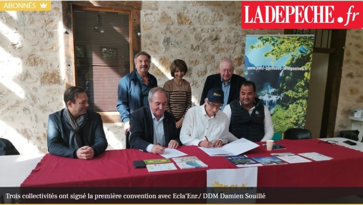 Sur le site de la Dépêche, un article sur la signature d'une convention entre Ecla'ENR et 3 collectivités Ariégeoises