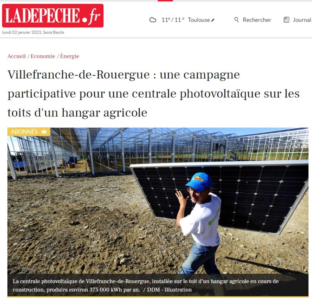 Article dans La Dépêche du Midi sur le financement participatif de panneaux solaires à Villefranche de Rouergue (12)