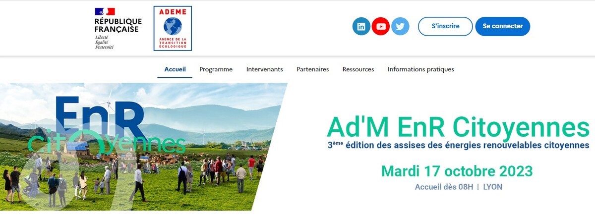 Le site AD'M EnR de l'ADEME pour la promotion des Assises nationales des ENR citoyennes à Lyon le 17 octobre 2023