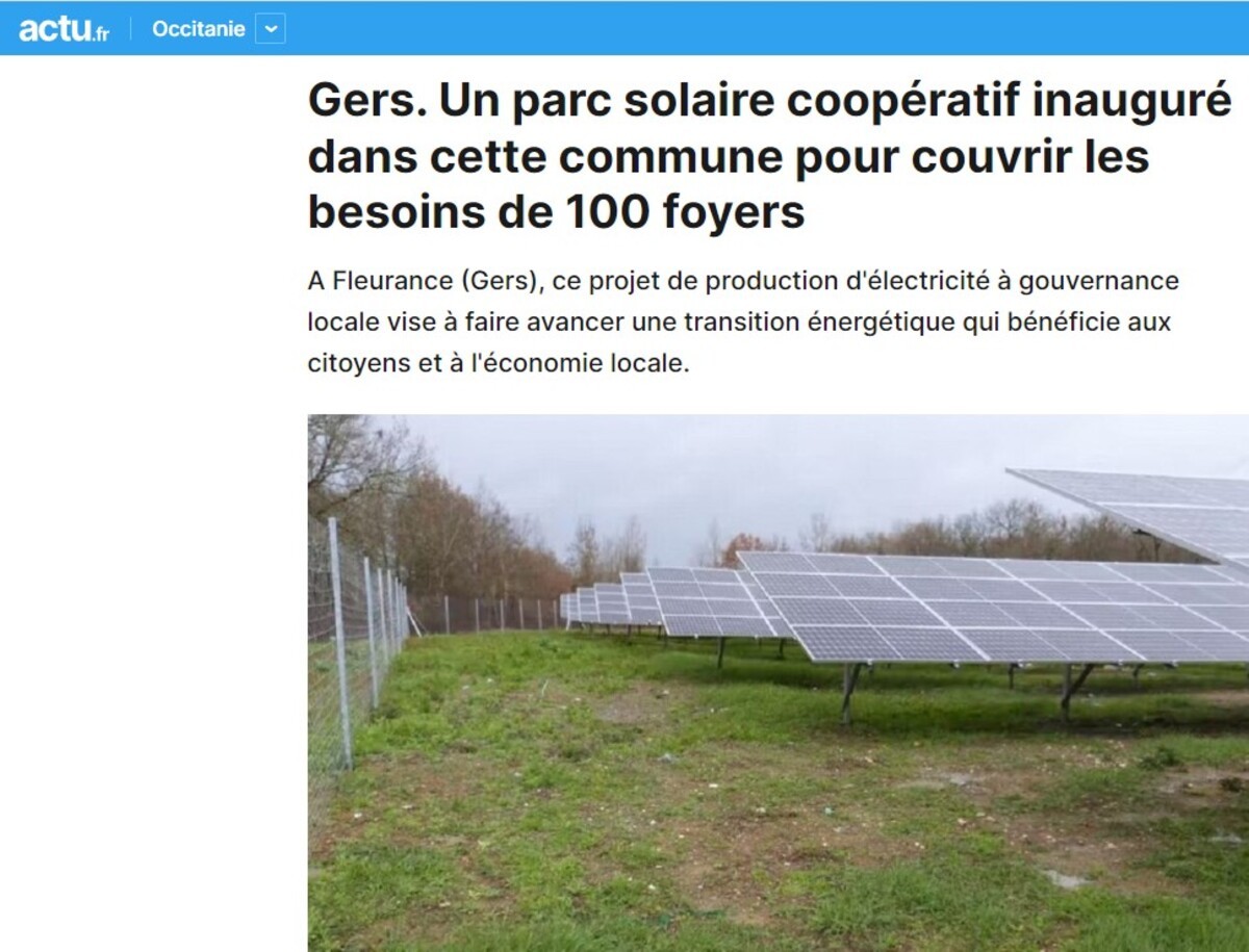 Actu.fr :  Le parc solaire coopératif de Rouzas inauguré à Fleurance (32)