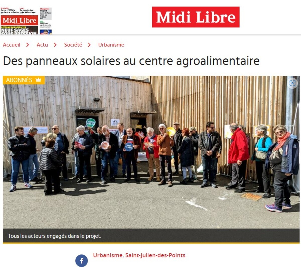 Article dans le Midi Libre sur l'inauguration de la centrale solaire installée par la SAS Cévennes Durables