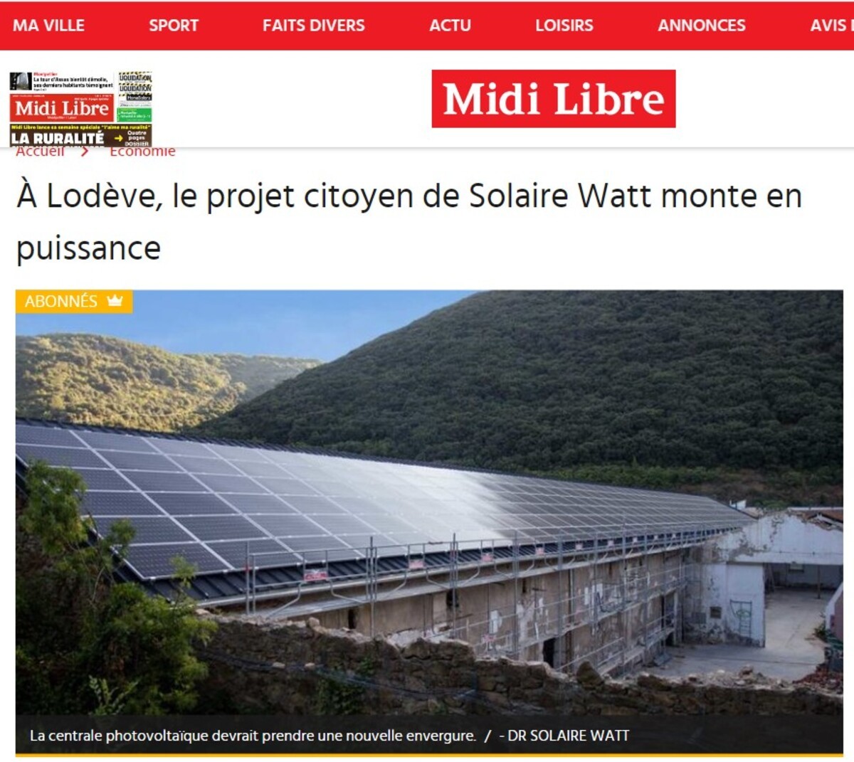 Le Midi Libre met à l'honneur le projet citoyen de Solaire Watt