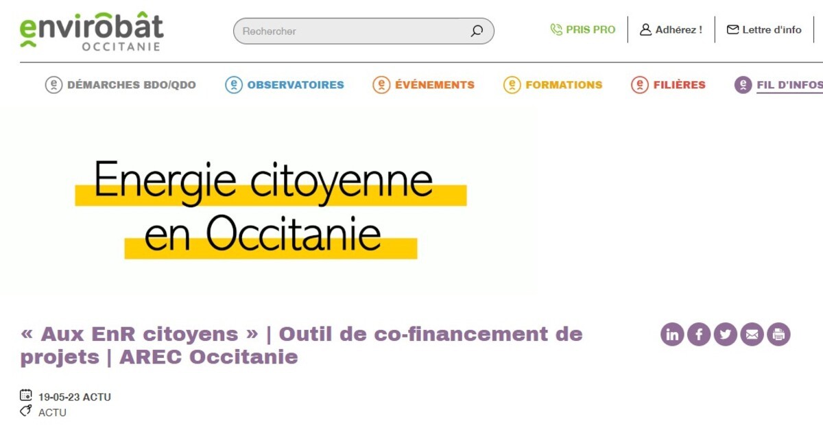 Sur le site d'Envirobat : « Aux EnR citoyens », nouvel outil d’investissement de l'AREC pour co-financer les projets citoyens et coopératifs d’énergies renouvelable en Occitanie.