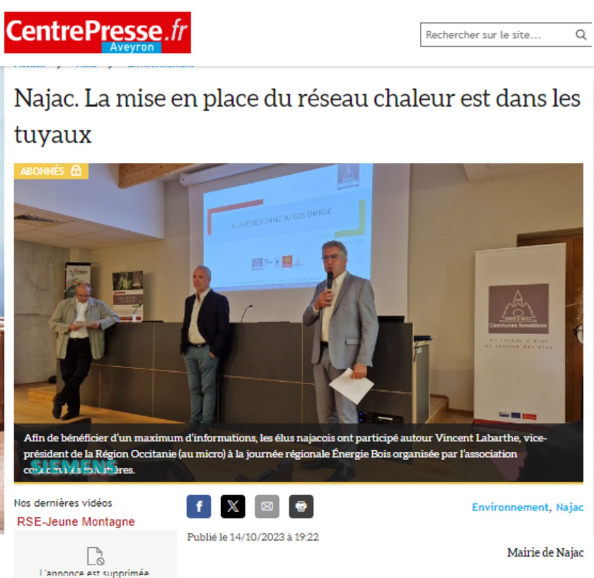 Article de presse concernant le projet de réseau de chaleur à Najac (46)