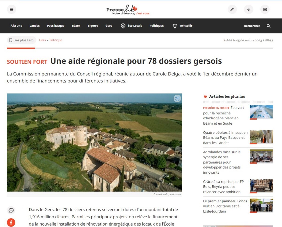 Presse Lib : une aide régionale pour la SAS Energie citoyenne Pays Portes de Gascogne (32)