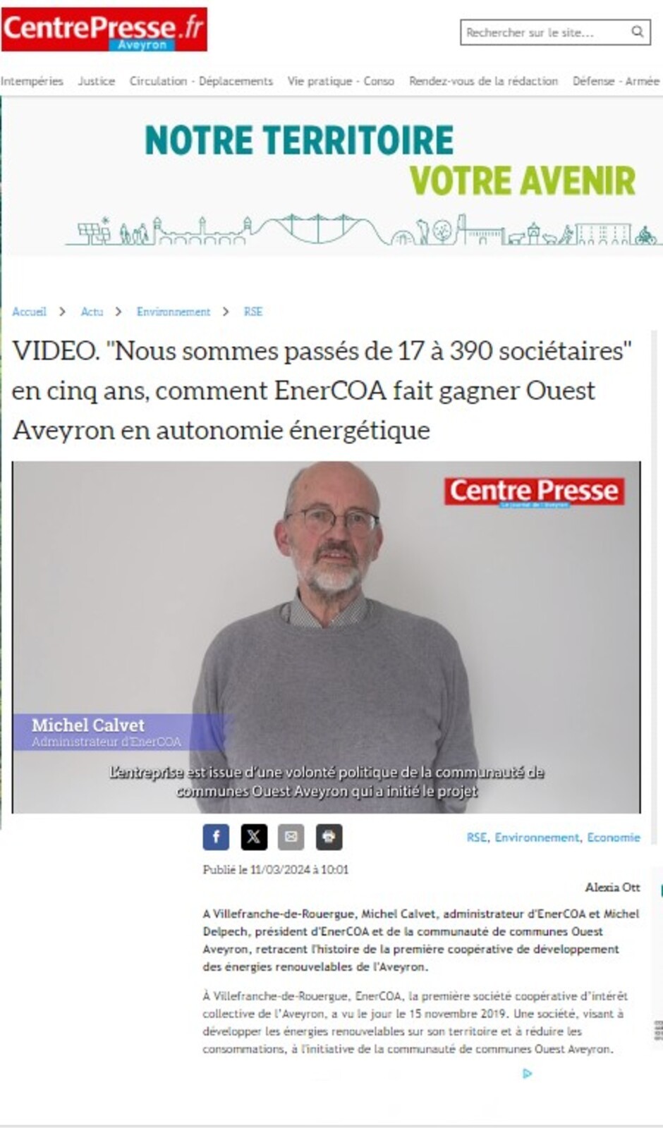 A voir sur Centre Aveyron Presse : vidéo sur la SCIC ENERCOA