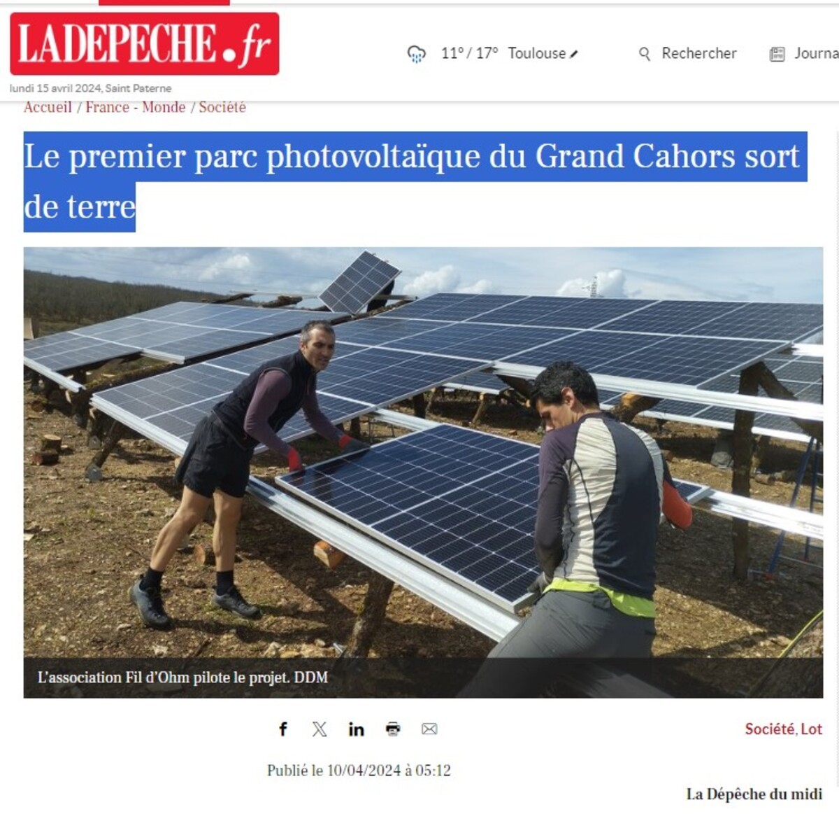 La Dépêche du Midi : Le premier parc photovoltaïque du Grand Cahors sort de terre (Cieurac, Lot)