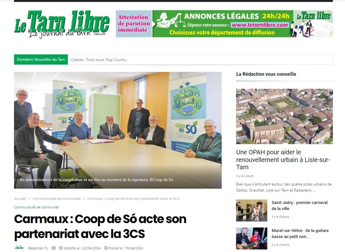 Le Tarn Libre : lsignature officielle de la convention entre Coop de Só et  la Communauté de communes du Carmausin-Ségala (3CS).